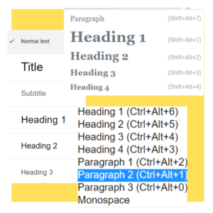 screenshot examples of header tag selections in Google Docs, WordPress, and Squarespace