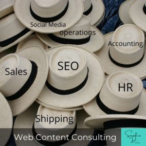 many hats in the picture with a few that read "SEO,
Operations, "Accounting, "Sales, "HR", "Shipping representing the many roles entrepreneurs manage