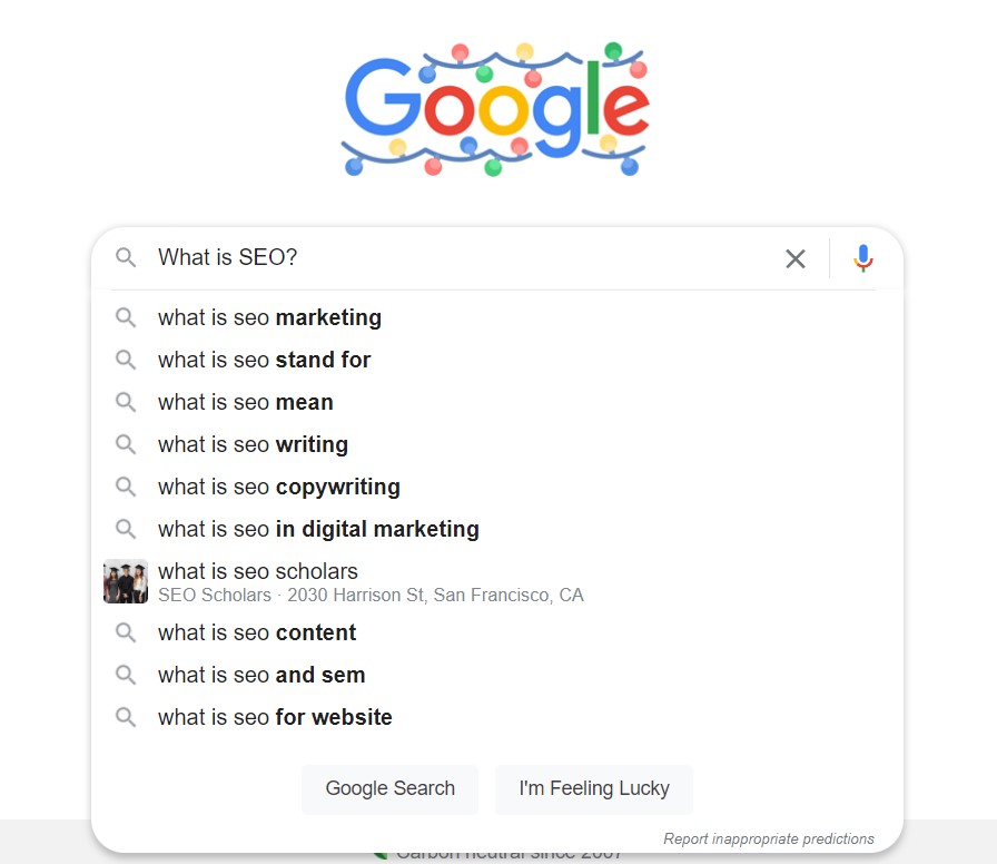 example google search box with the keywords "What is SEO"