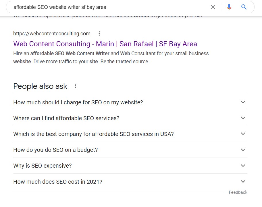 search engine results page example displaying web content consulting in the results